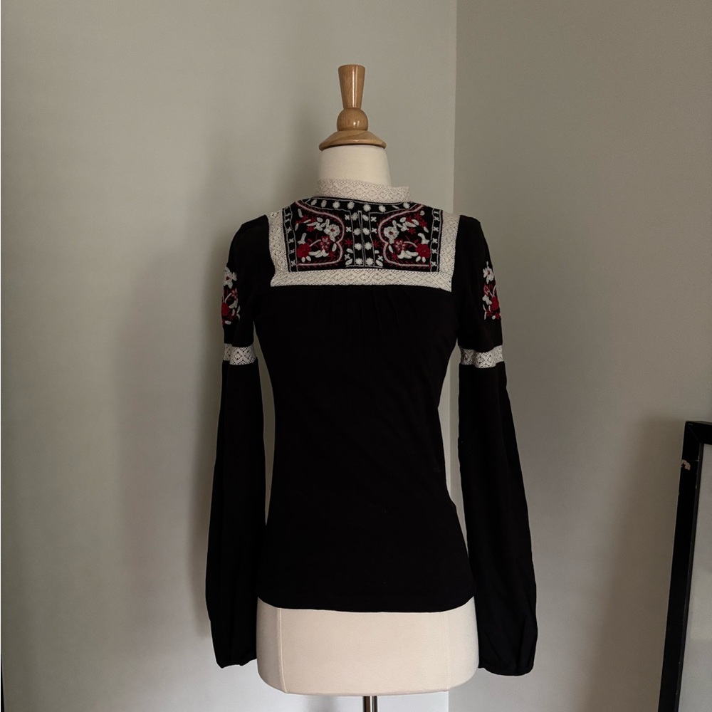 Embroidered Black Long Sleeve Women's Top